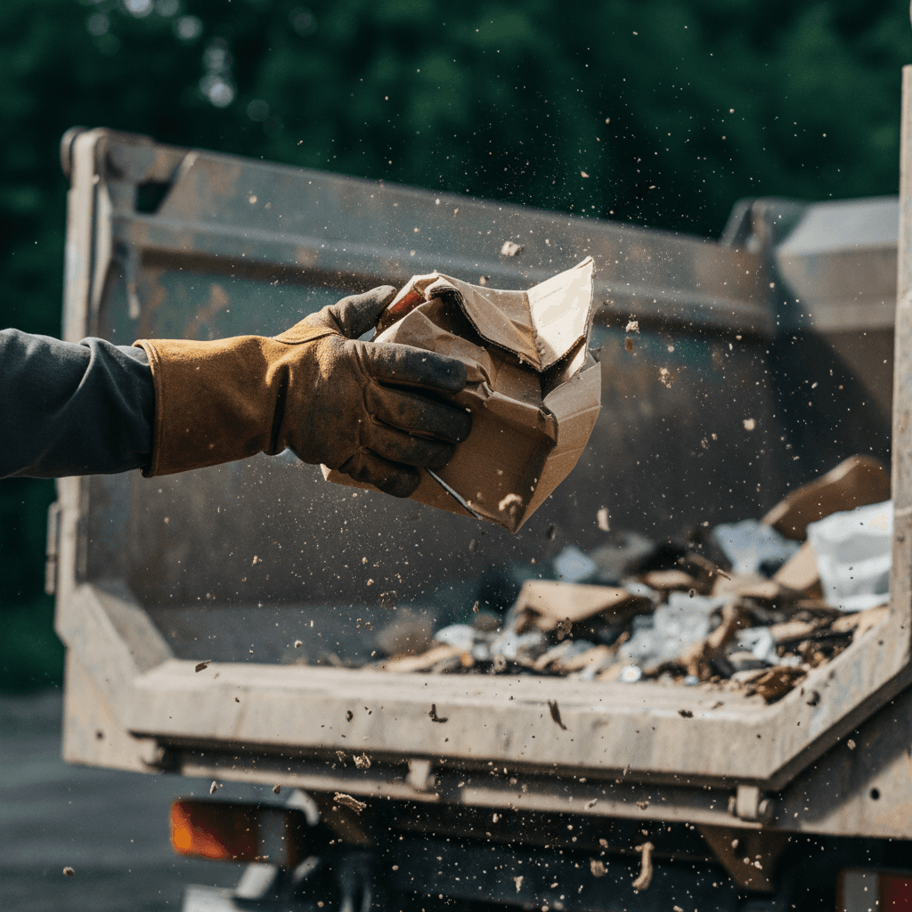 Worker throwing cardboard into a dump truck during debris removal