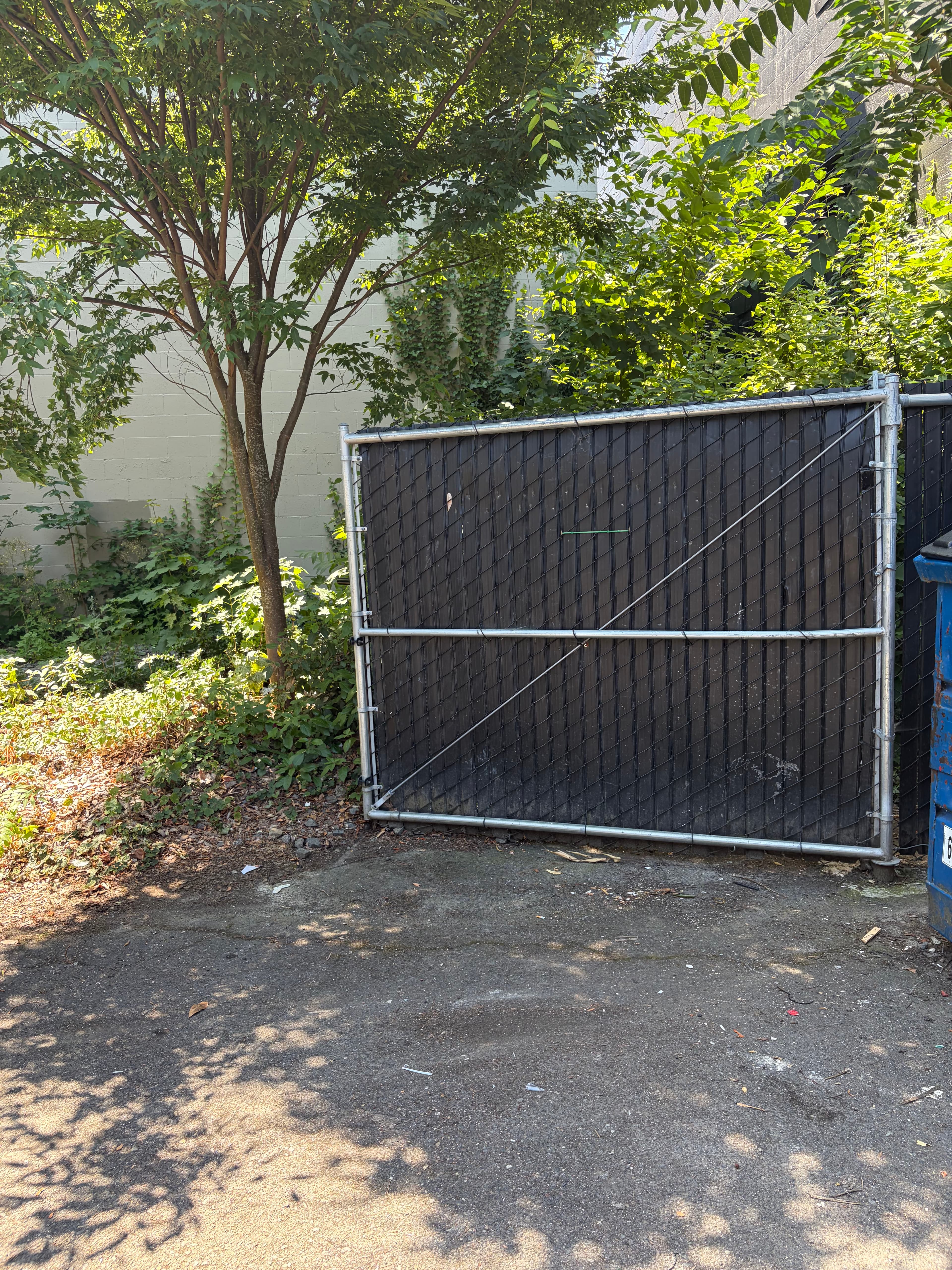 Black chain-link fence with privacy slats next to a tree and greenery on asphalt ground.